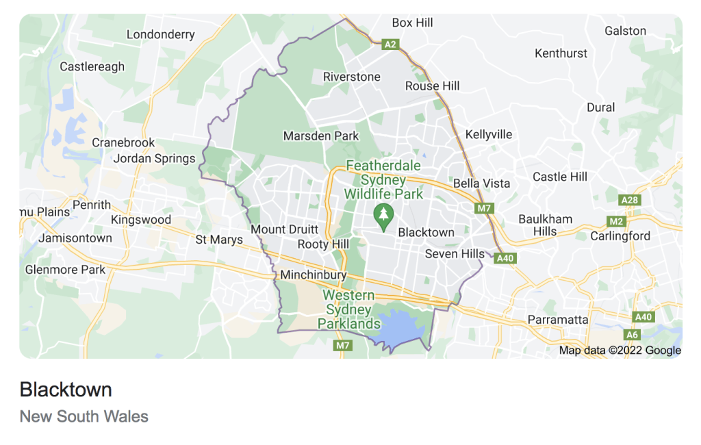 City of Blacktown Region map and only some of the suburbs shown