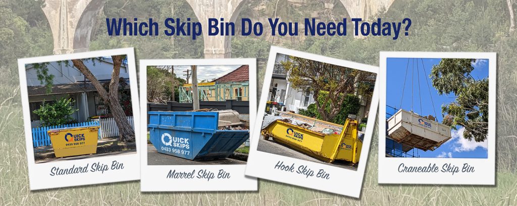 4 skip bin types - Standard, Marrel, Hook and Craneable Skip Bins